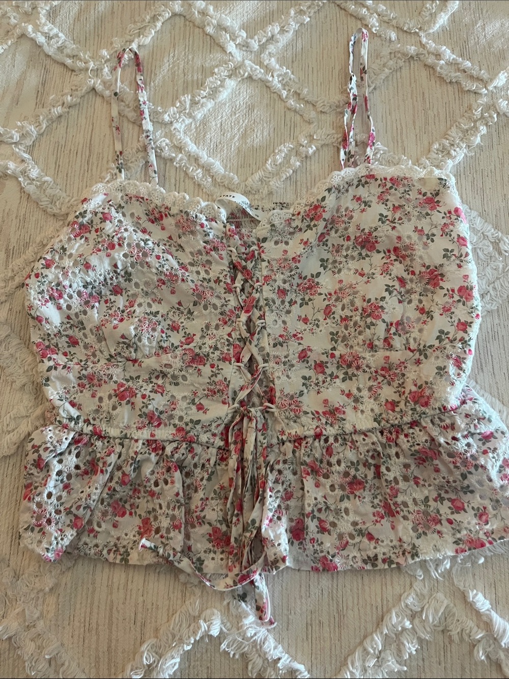 Altar’d STATE White Floral Lace-Up Camisole with Pink Rose Print